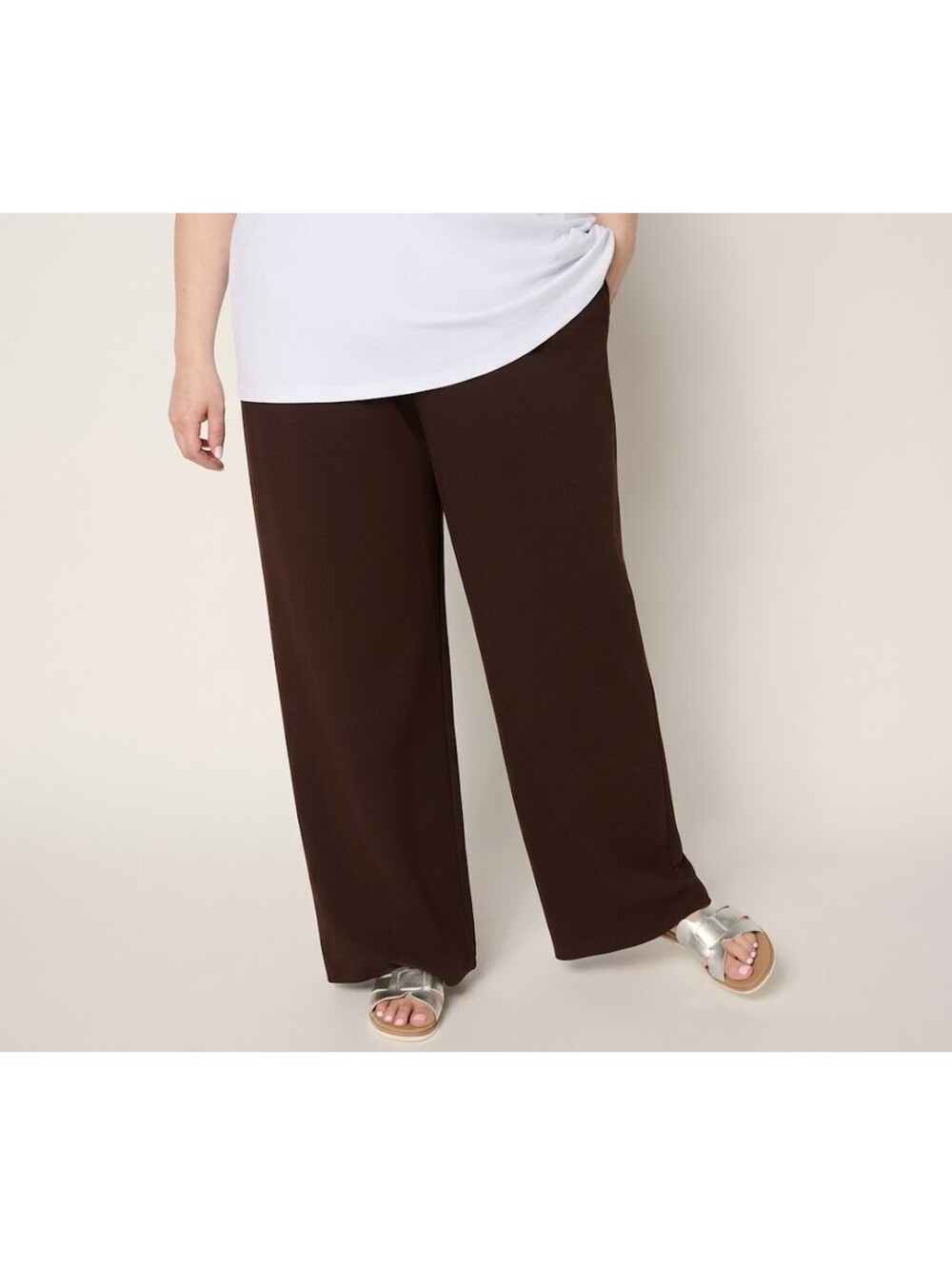 Susan Graver Weekend Ponte Regular Pull On Wide Leg Pants Chocolate Size X-Large